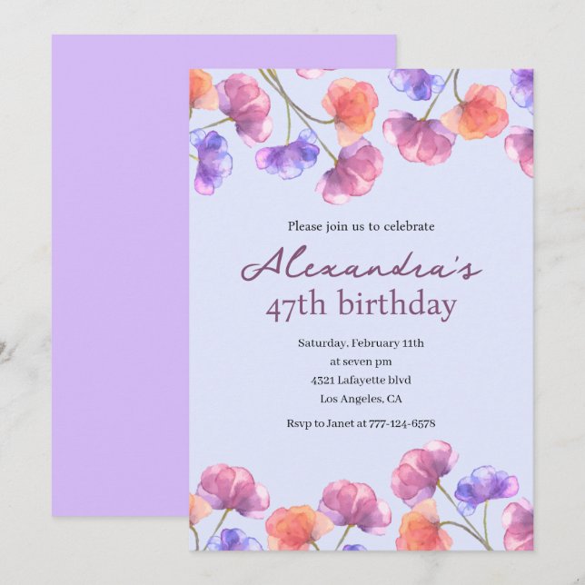 Elegant 47th invitations Boho Floral Chic (Front/Back)