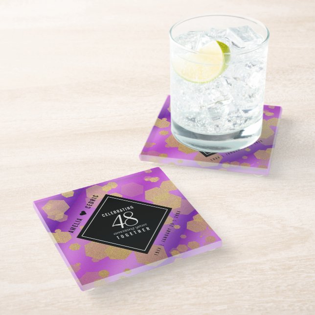 Elegant 48th Amethyst Wedding Anniversary Glass Coaster (Angled)