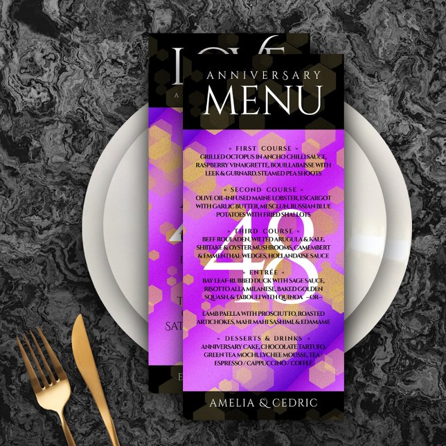 Elegant 48th Amethyst Wedding Anniversary Menu (Elegant 48th Amethyst Wedding Menu Anniversary Rack Card Cover Photo.)