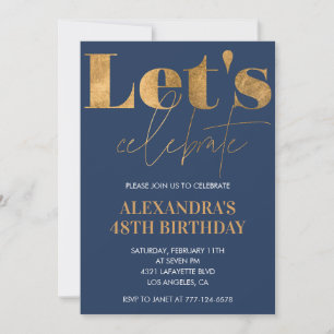 Elegant 48th birthday invitations Navy Blue Gold 