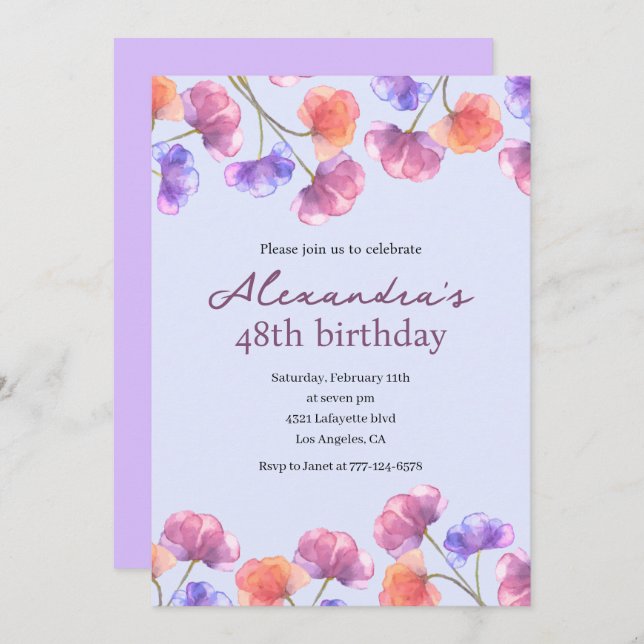 Elegant 48th invitations Boho Floral Chic (Front/Back)