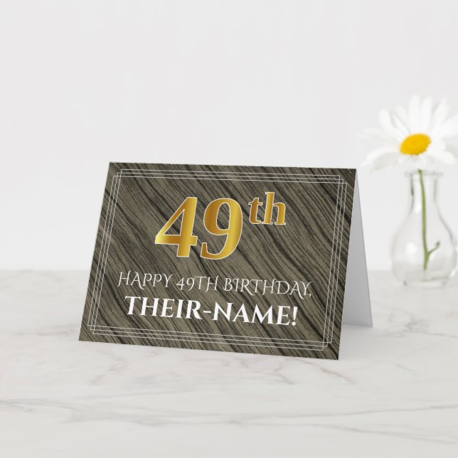 Elegant 49th Birthday: Faux Wood, Faux Gold Look Card (Small Plant)
