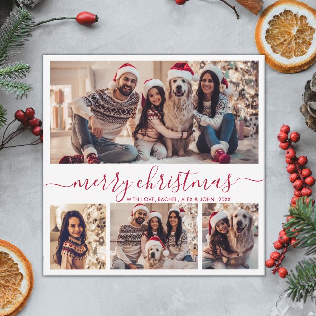 Elegant 4 Photo Collage Red Script Christmas Holiday Card (Creator Uploaded)