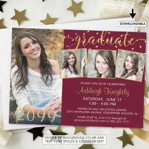Elegant 4 Photo Graduate Maroon Gold Confetti Invitation