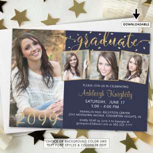 Elegant 4 Photo Graduate Navy Blue Gold Confetti Invitation