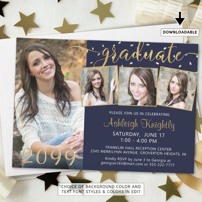 Elegant 4 Photo Graduate Navy Blue Gold Confetti Invitation (Creator Uploaded)
