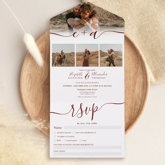 Elegant 4 Photos burgundy modern script wedding All In One Invitation (Creator Uploaded)