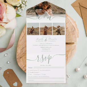 Elegant 4 Photos green white modern script wedding All In One Invitation