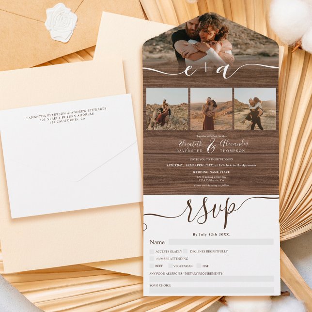 Elegant 4 Photos rustic brown wood script wedding All In One Invitation (Creator Uploaded)