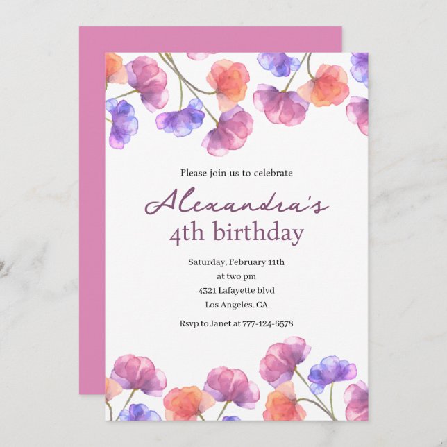 Elegant 4th birthday invitations Floral Chic (Front/Back)