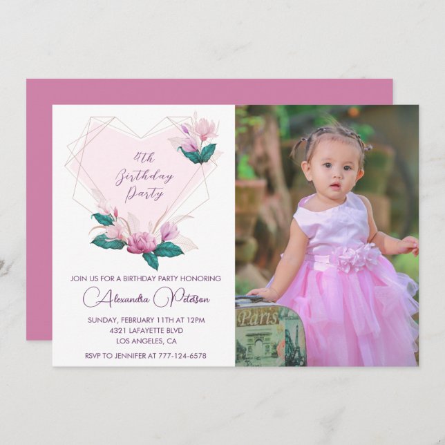 Elegant 4th birthday invitations Floral Photo (Front/Back)