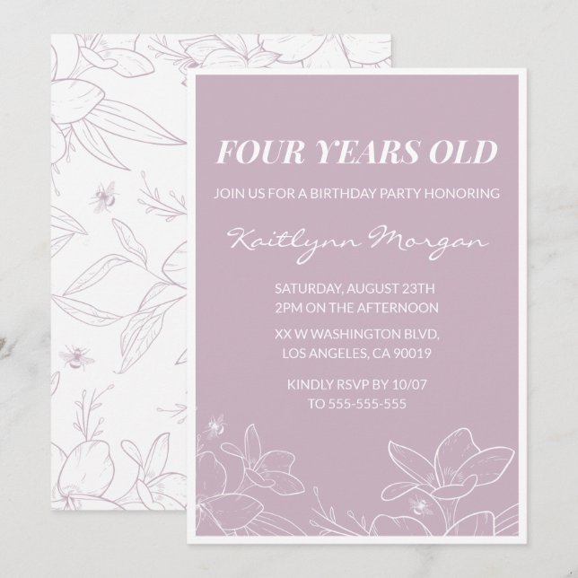 Elegant 4th birthday invitations Modern Floral (Front/Back)