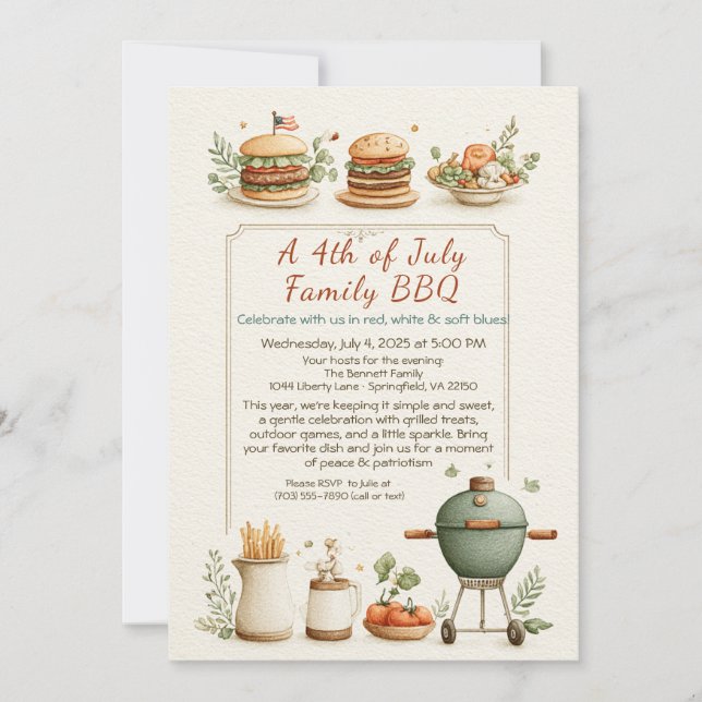 Elegant 4th of July BBQ Invitation – Soft Line Art (Front)
