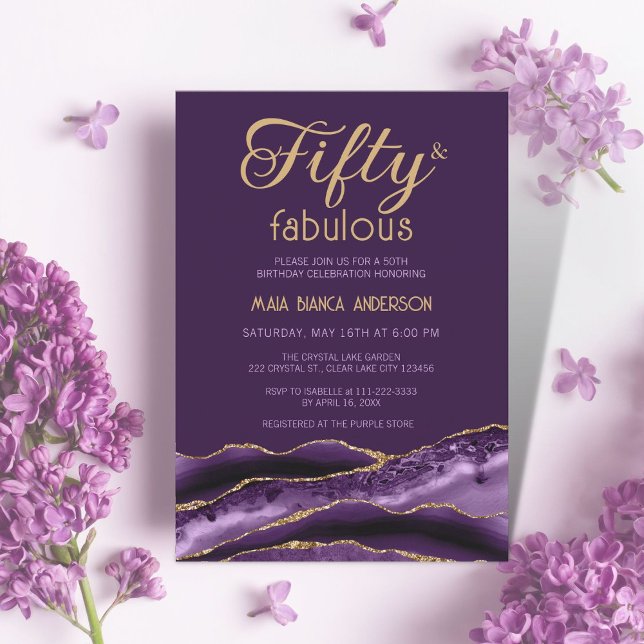 Elegant 50 and Fabulous 50th Birthday Purple Agate Invitation (Creator Uploaded)