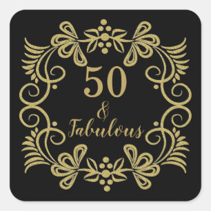 Elegant 50 and Fabulous Black and Gold Birthday Square Sticker
