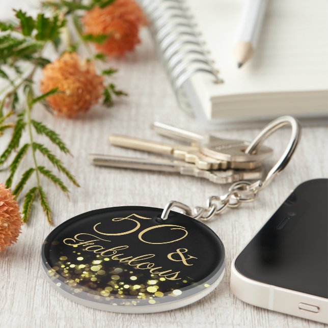 Elegant 50 and Fabulous Black and Gold Glitter Key Ring (Front Right)