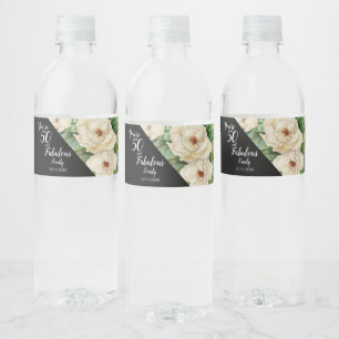 Elegant 50 And Fabulous Black Floral Birthday Water Bottle Label