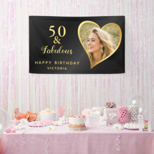 Elegant 50 and Fabulous Black Gold Custom Photo Banner