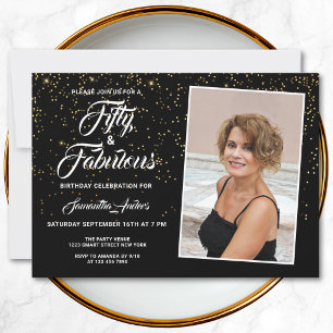 Elegant 50 and Fabulous Black Gold Glitter Photo Invitation