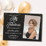 Elegant 50 and Fabulous Black Gold Glitter Photo Invitation<br><div class="desc">Invite family and friends to a 50th birthday party with this elegant and stylish invitation.
It features gold glitter on a black background and stylish white typography.
you can easily replace the photo with one of your own and customise the details.</div>