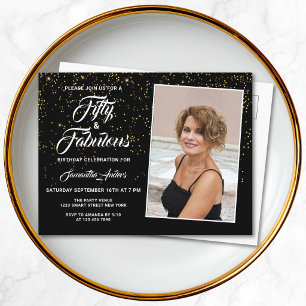 Elegant 50 and Fabulous Black Gold Glitter Photo Invitation Postcard