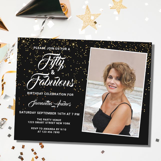 Elegant 50 and Fabulous Black Gold Glitter Photo  Invitation Postcard (Creator Uploaded)