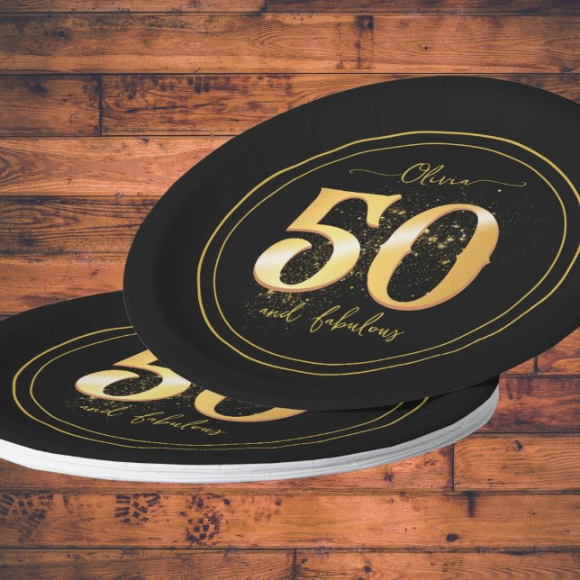 Elegant 50 and Fabulous Glitter Gold Black Paper Plate (Creator Uploaded)