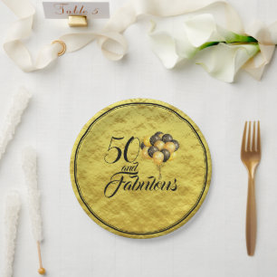 Elegant 50 and Fabulous Gold Foil Black Typography Paper Plate