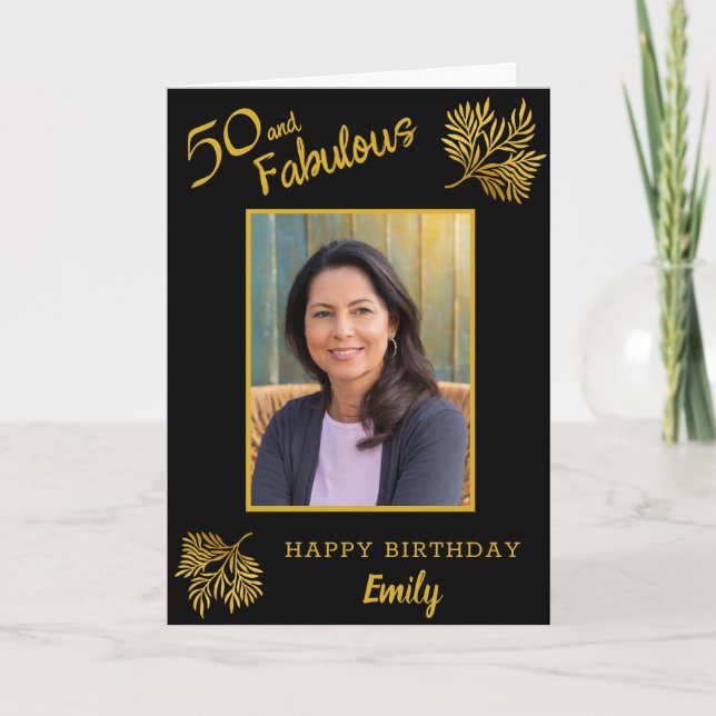Elegant 50 and Fabulous Gold Foliage 50th Birthday Card (Front)