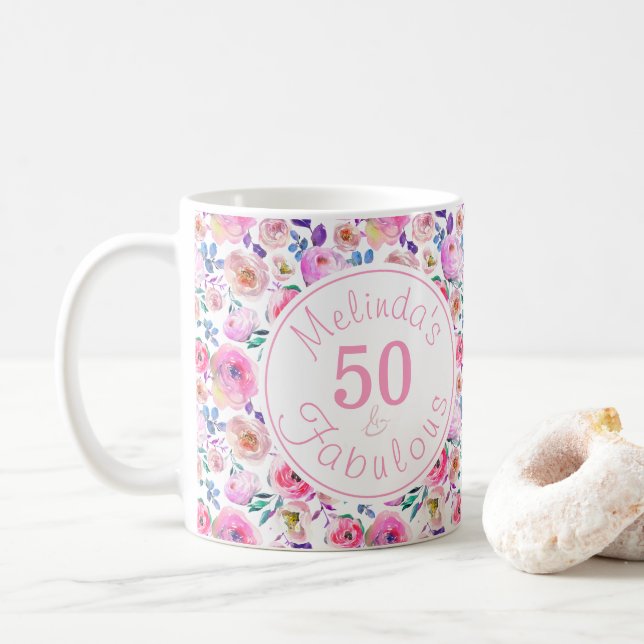 Elegant 50 and Fabulous Named Watercolor Coffee Mug (With Donut)