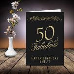 Elegant 50 and Fabulous Ornament 50th Birthday Card<br><div class="desc">Elegant 50 and Fabulous Ornament 50th Birthday Card. 50 and fabulous text in trendy golden script and an elegant ornament on black background. Personalise it with your name and your age,  and make personalised elegant birthday card. Add your birthday note inside the card or erase it.</div>