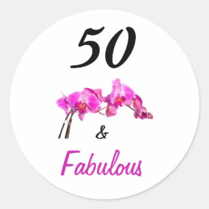 Elegant 50 and fabulous pink black orchid photo classic round sticker