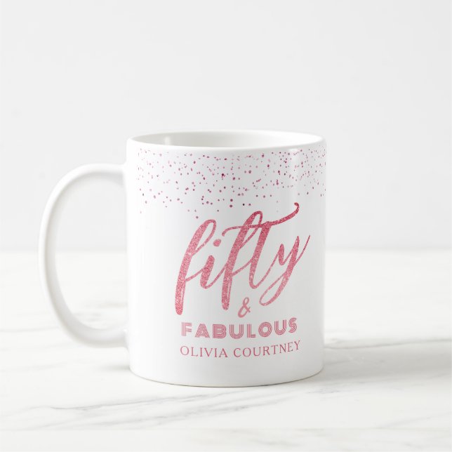 Elegant 50 and Fabulous Pink Glitter Birthday Gift Coffee Mug (Left)
