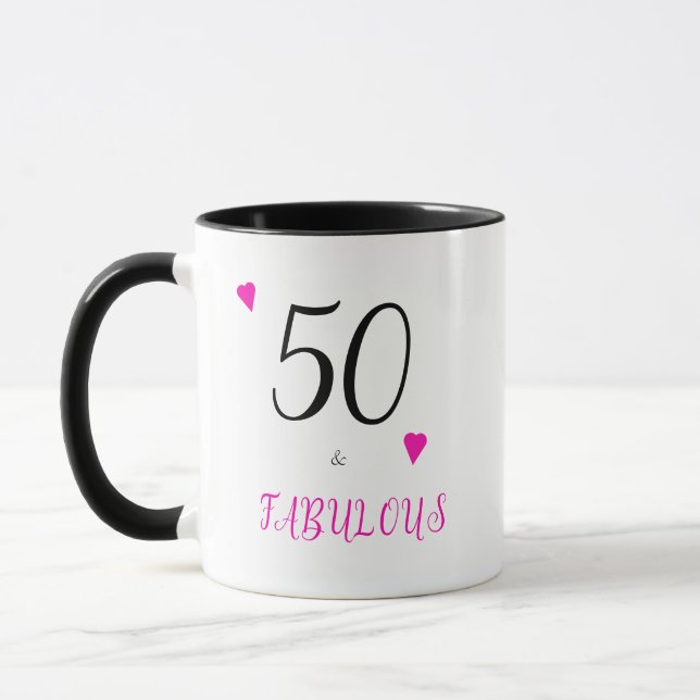 Elegant 50 and fabulous pink hearts 50th birthday  mug (Left)