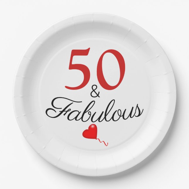 Elegant 50 and Fabulous Red Balloon 50th Birthday Paper Plate (Front)