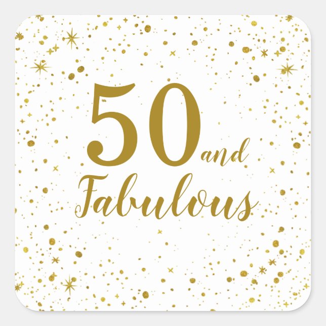 Elegant 50 and Fabulous White and Gold Birthday Square Sticker (Front)