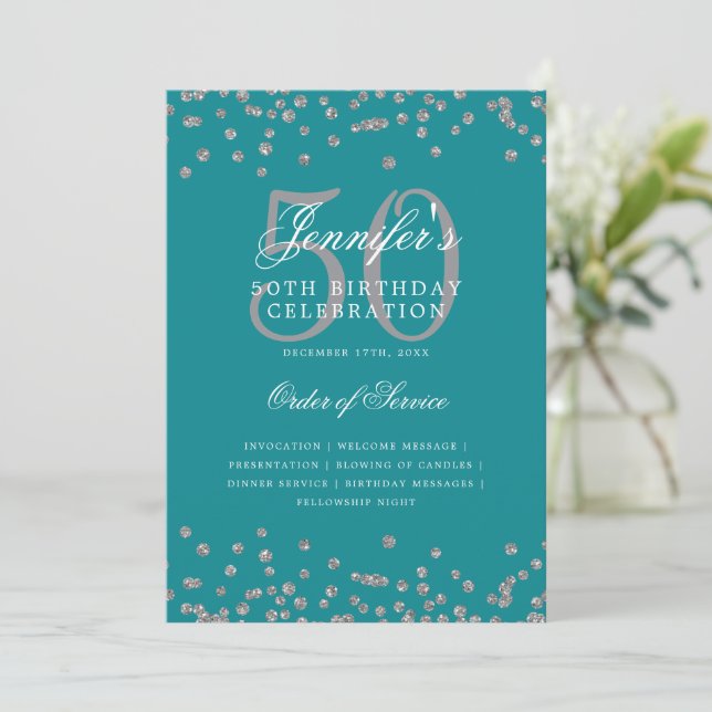 Elegant 50 Birthday Program Menu Silver Turquoise (Standing Front)