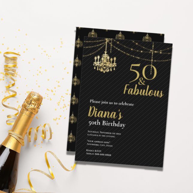 Elegant 50 & Fab 50th Birthday Golden Chandelier I Invitation (Creator Uploaded)