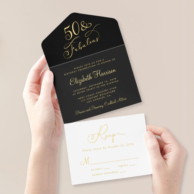 Elegant 50 Fabulous Black 50th Birthday Party Foil All In One Invitation (Creator Uploaded)