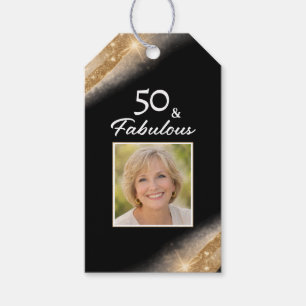 Elegant 50 & Fabulous Black Gold Photo Birthday Gift Tags