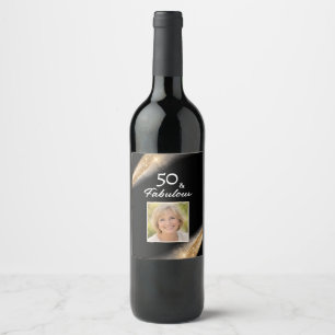 Elegant 50 & Fabulous Black Gold Photo Birthday Wine Label