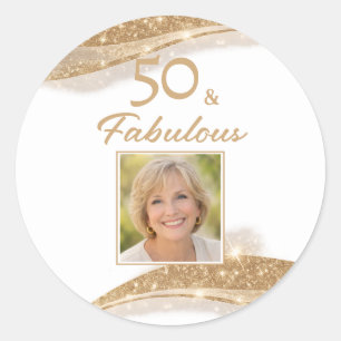 Elegant 50 & Fabulous Gold Photo Birthday  Classic Round Sticker