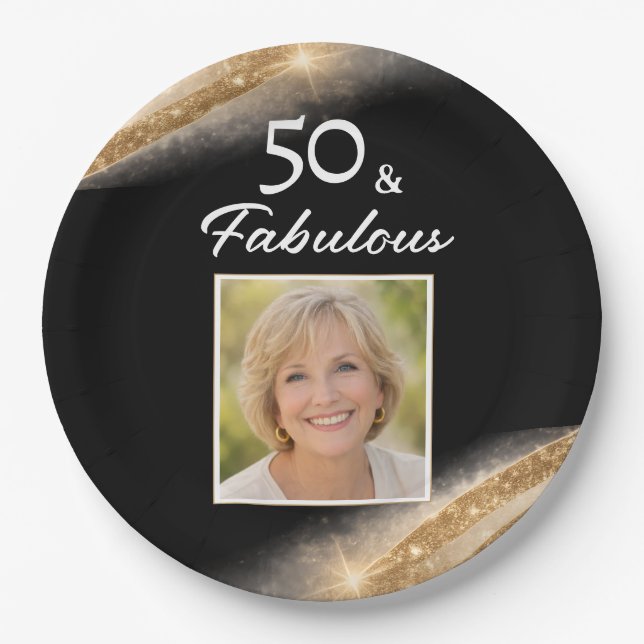 Elegant 50 & Fabulous Gold Photo Birthday Party Paper Plate (Front)