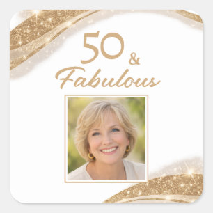 Elegant 50 & Fabulous Gold Photo Birthday  Square Sticker