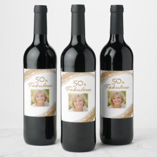 Elegant 50 & Fabulous Gold Photo Birthday Wine Label
