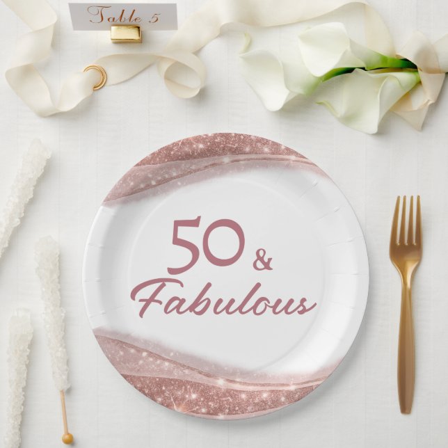 Elegant 50 & Fabulous Rose Gold Birthday Party Paper Plate (Wedding)