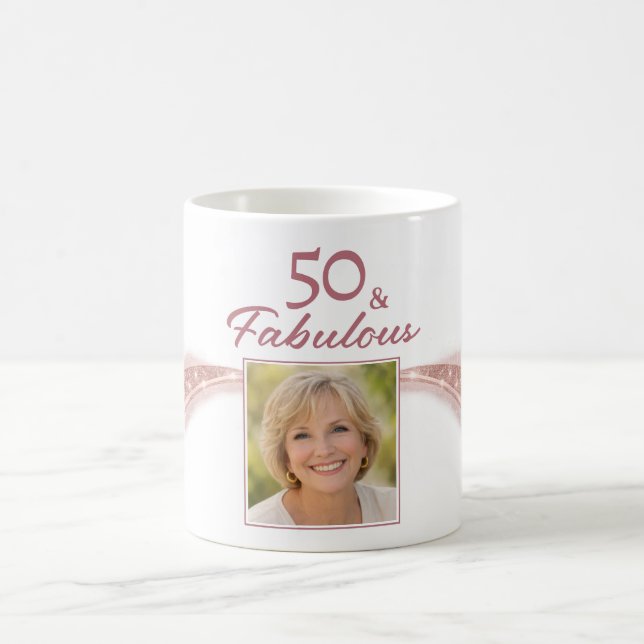 Elegant 50 & Fabulous Rose Gold Photo Birthday  Coffee Mug (Center)