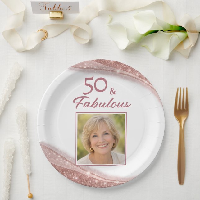 Elegant 50 & Fabulous Rose Gold Photo Birthday  Paper Plate (Wedding)