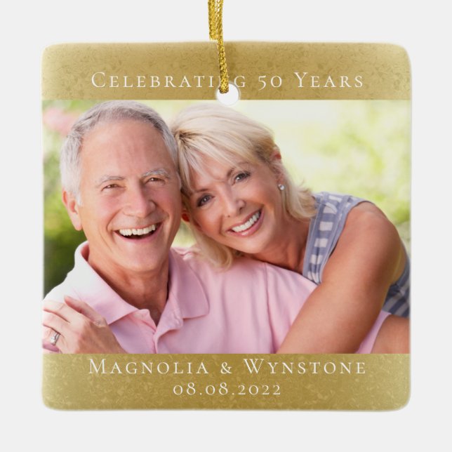 Elegant 50th Anniversary Gold Photo Ceramic Ornament (Front)