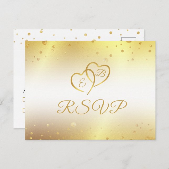 Elegant 50th Anniversary Monogram Hearts Gold RSVP Invitation Postcard (Front/Back)